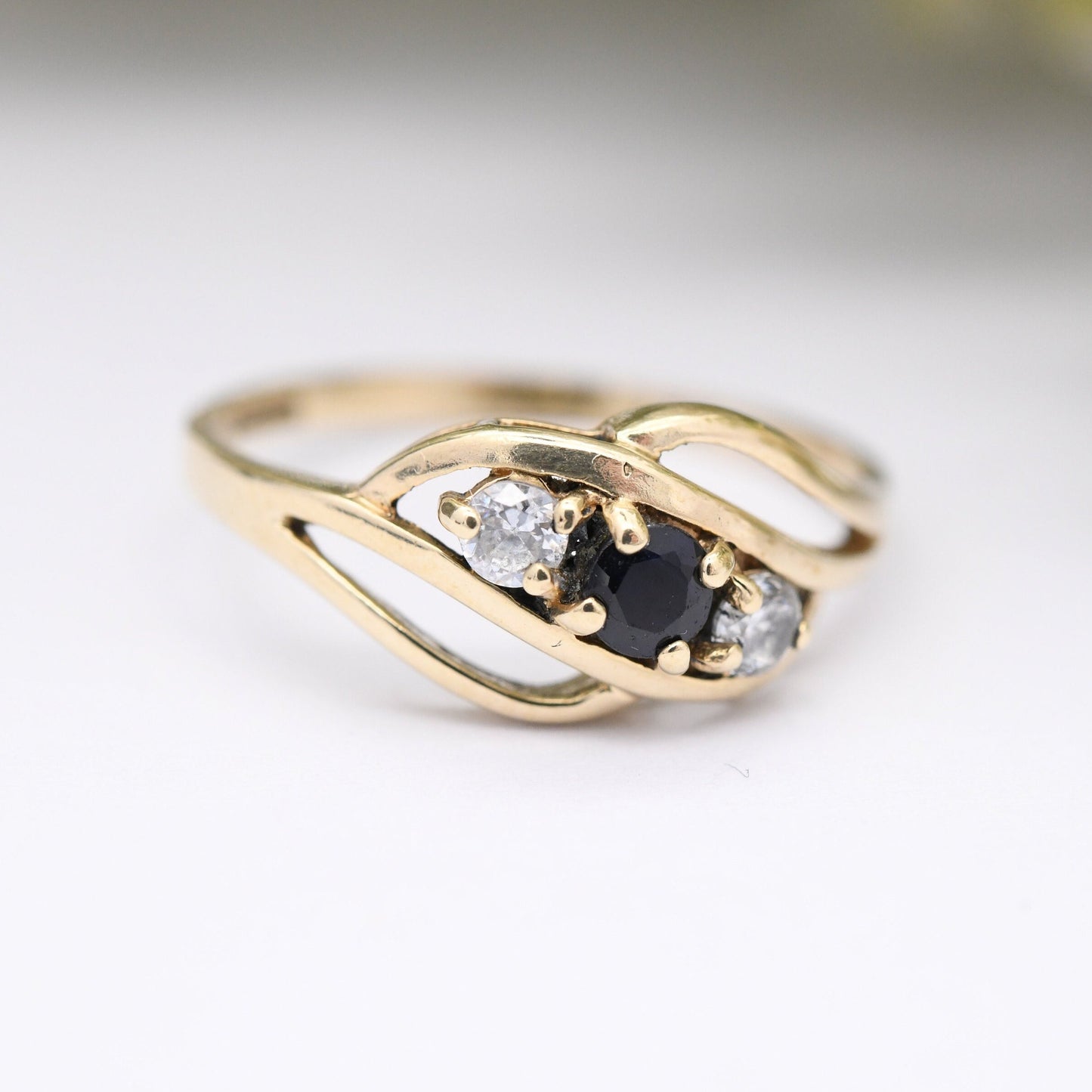 Vintage 9ct Gold Sapphire and and Clear Stone Ring - Pretty Engagement Ring | UK Size - L 1/2 | US Size - 6