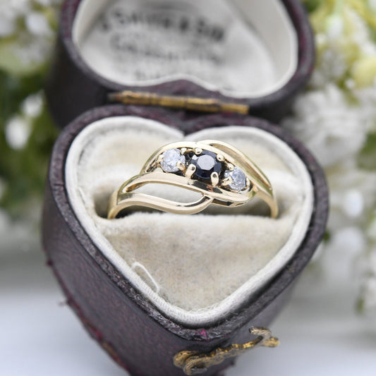 Vintage 9ct Gold Sapphire and and Clear Stone Ring - Pretty Engagement Ring | UK Size - L 1/2 | US Size - 6