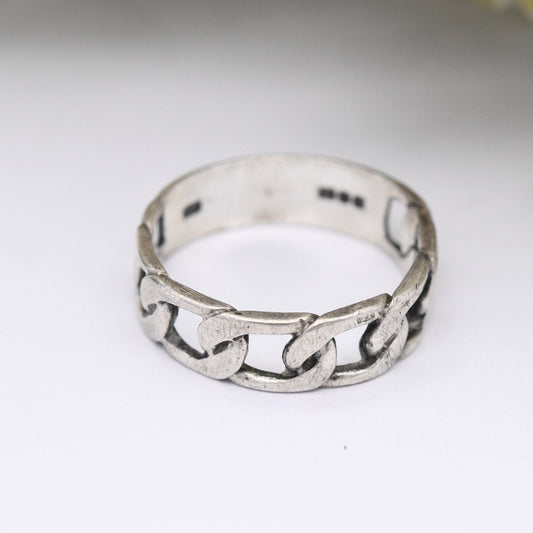 Vintage Sterling Silver Chain Band Ring 1978 - Openwork Curb Link Design | Mid-Century Modernist | UK Size - N 1/2 | US Size - 7