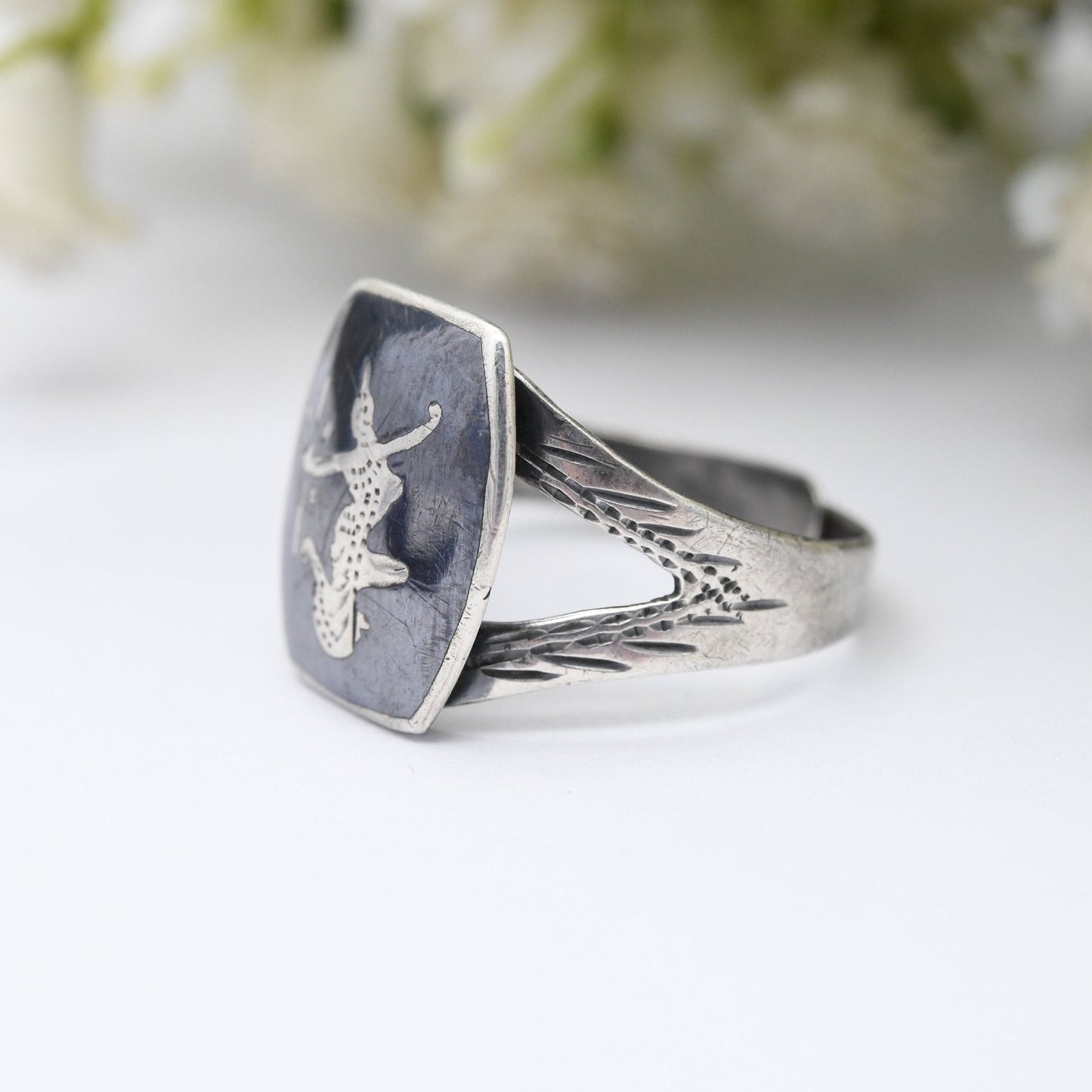 Vintage Siam Sterling Silver Ring - Mekhala Goddess of Lightning | Thailand Black Niello | Adjustable Band | UK Size - P |US Size - 7 1/2