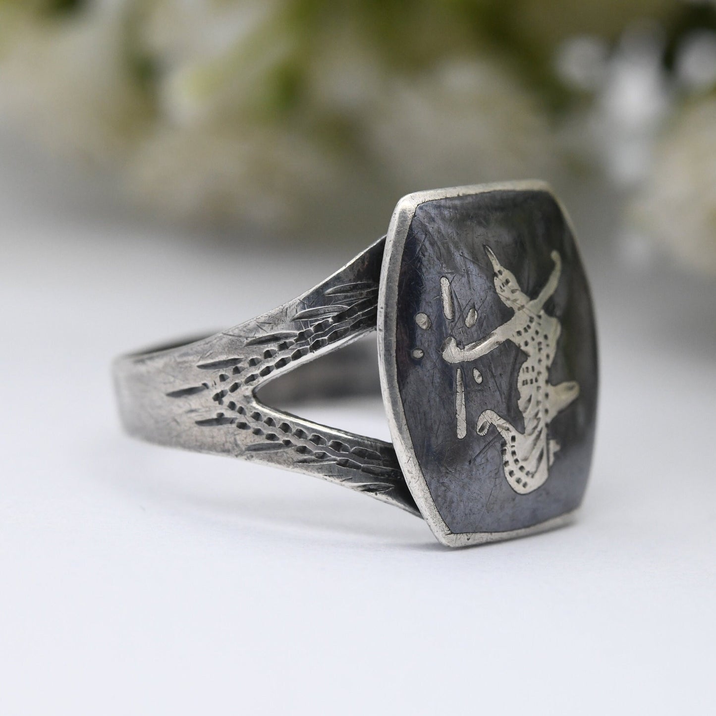 Vintage Siam Sterling Silver Ring - Mekhala Goddess of Lightning | Thailand Black Niello | Adjustable Band | UK Size - P |US Size - 7 1/2