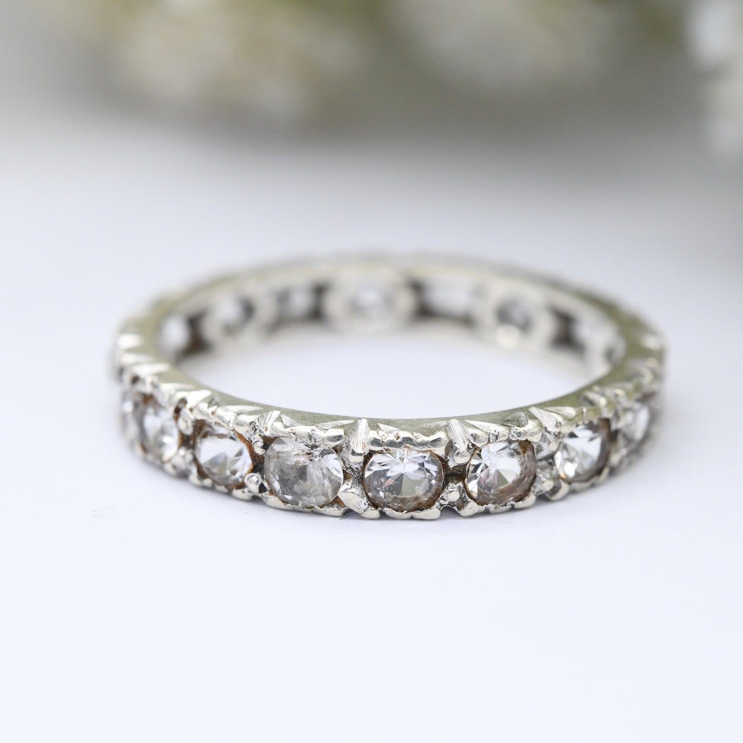 Antique Art Deco 9ct White Gold Eternity Ring with Clear Stones - UK Size - M 1/2 | US Size - 6 1/4