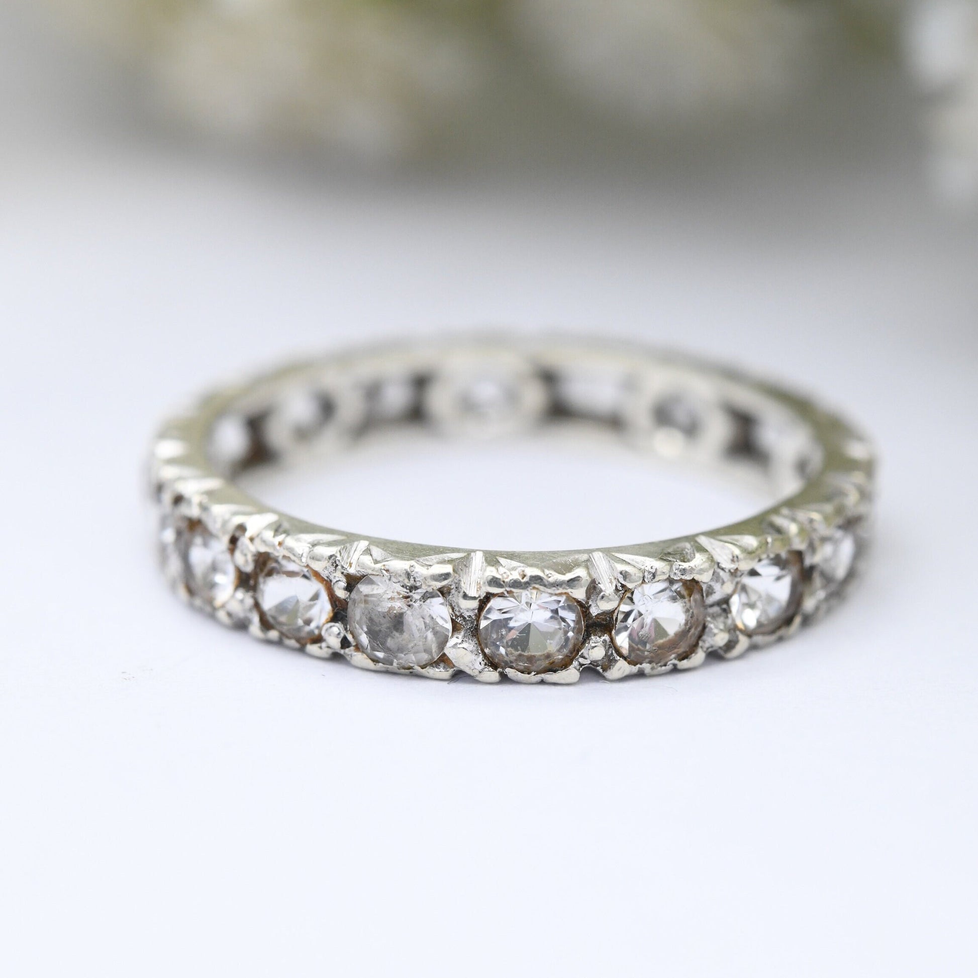 Antique Art Deco 9ct White Gold Eternity Ring with Clear Stones - UK Size - M 1/2 | US Size - 6 1/4