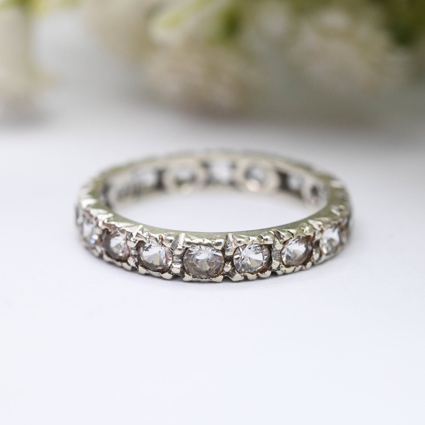 Antique Art Deco 9ct White Gold Eternity Ring with Clear Stones - UK Size - M 1/2 | US Size - 6 1/4