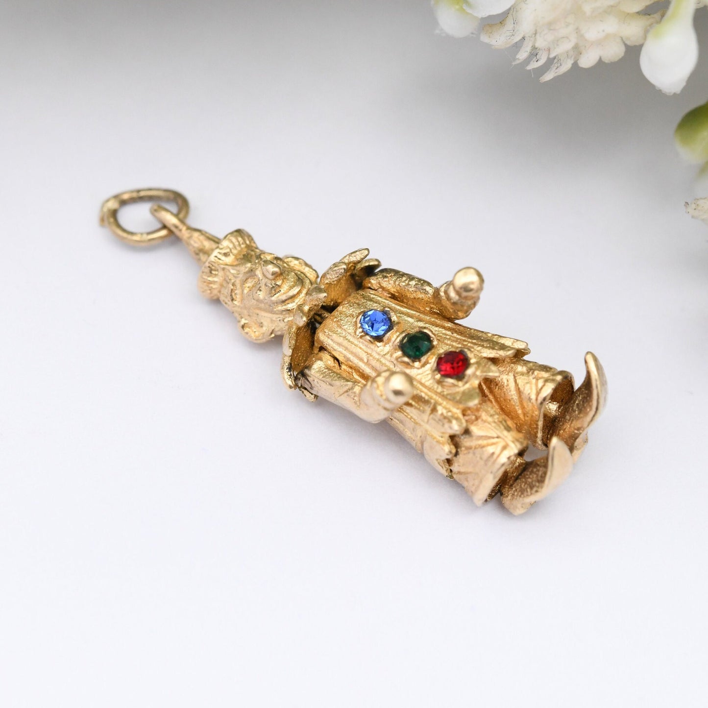 Vintage 9ct Gold Clown Charm Pendant 1971 - Articulated Clown | Moving Limbs | Colourful Crystal Buttons