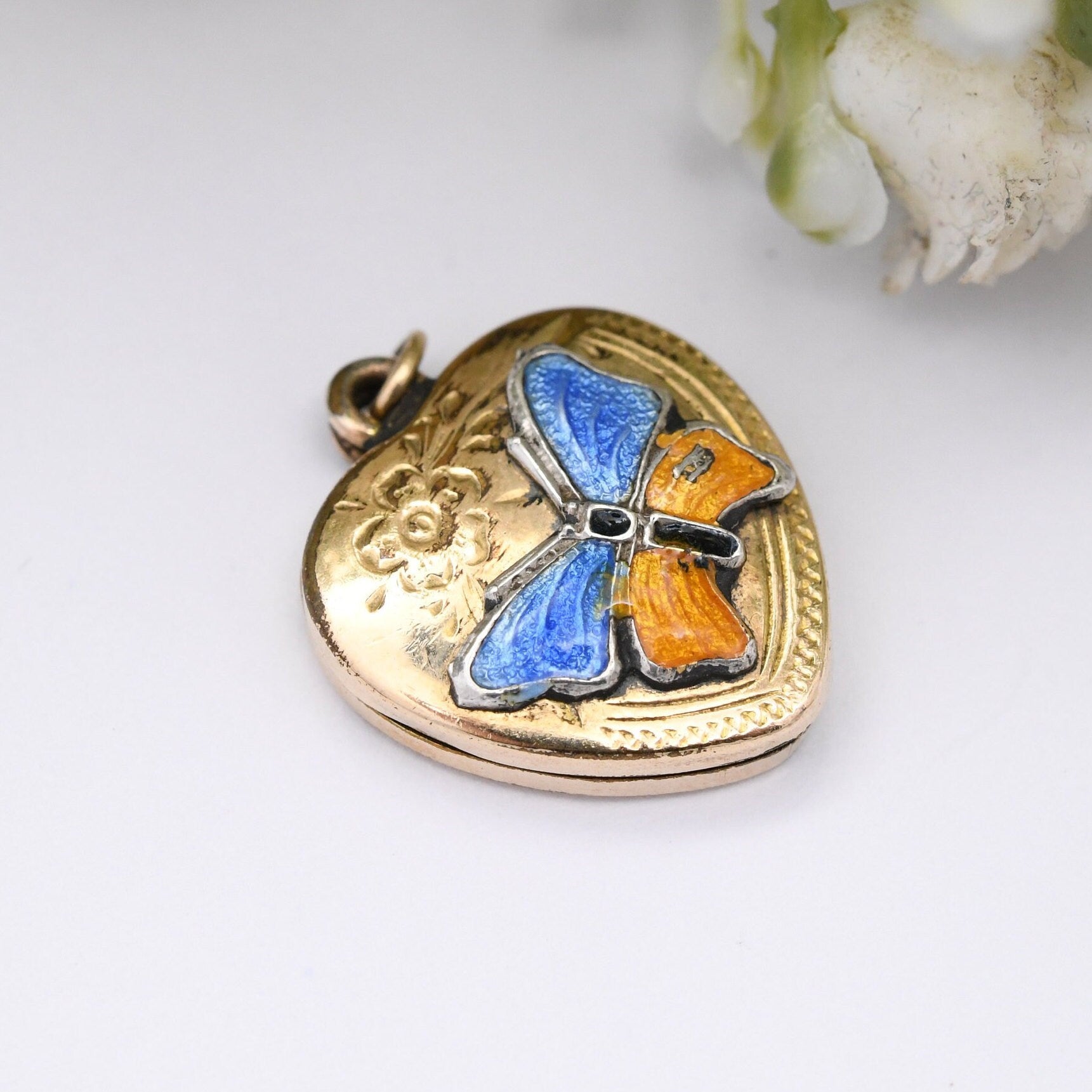 Vintage 10ct Gold Heart Locket Pendant with Enamel Butterfly Design - Photo Frame Keepsake Charm Pendant | Blue and Orange