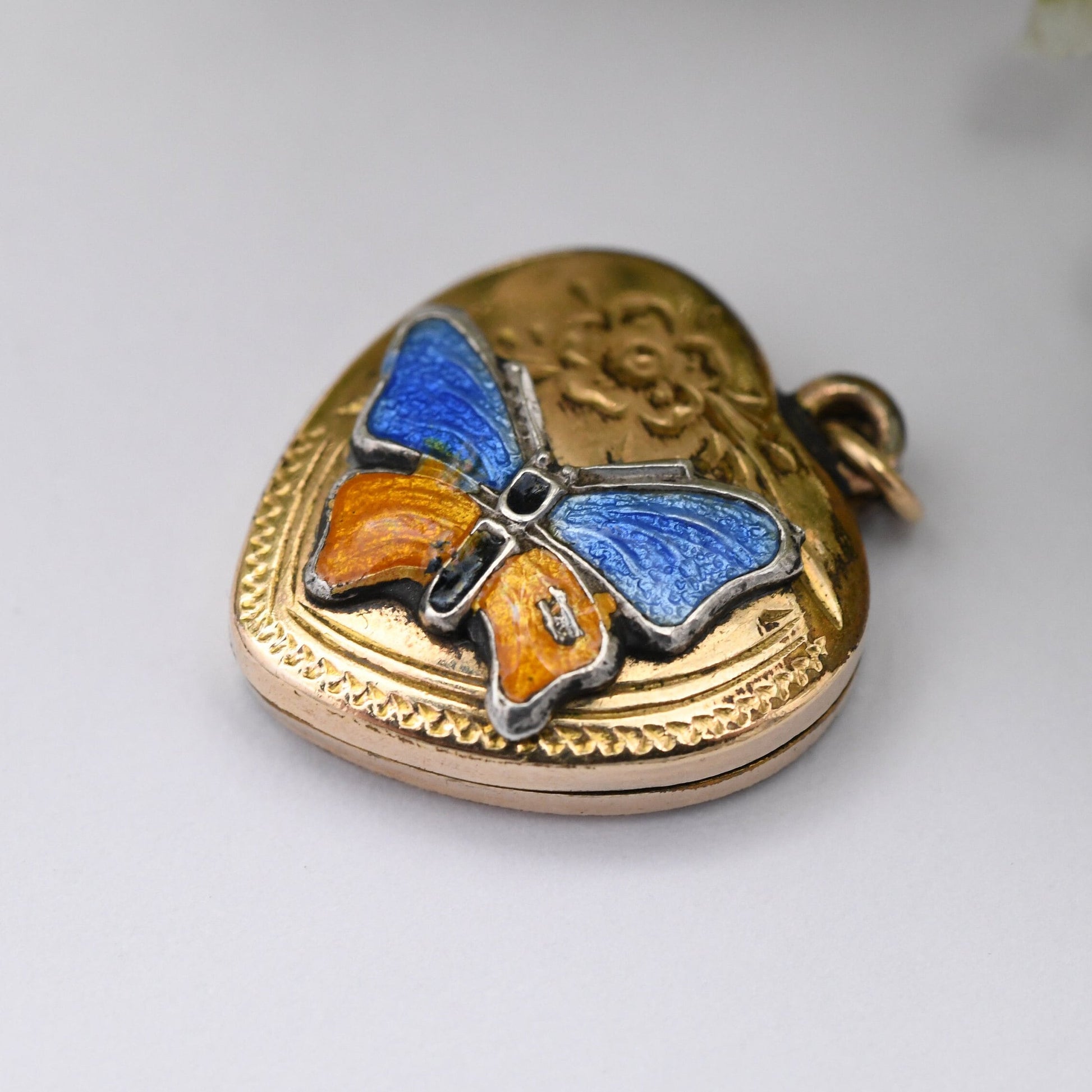 Vintage 10ct Gold Heart Locket Pendant with Enamel Butterfly Design - Photo Frame Keepsake Charm Pendant | Blue and Orange