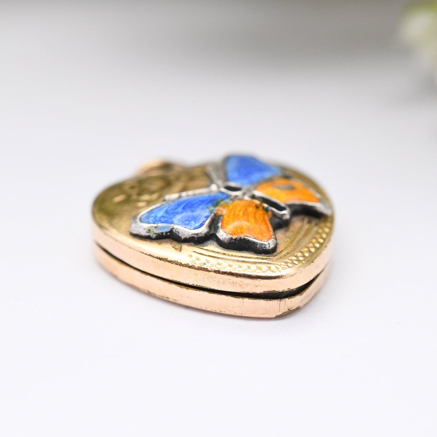 Vintage 10ct Gold Heart Locket Pendant with Enamel Butterfly Design - Photo Frame Keepsake Charm Pendant | Blue and Orange