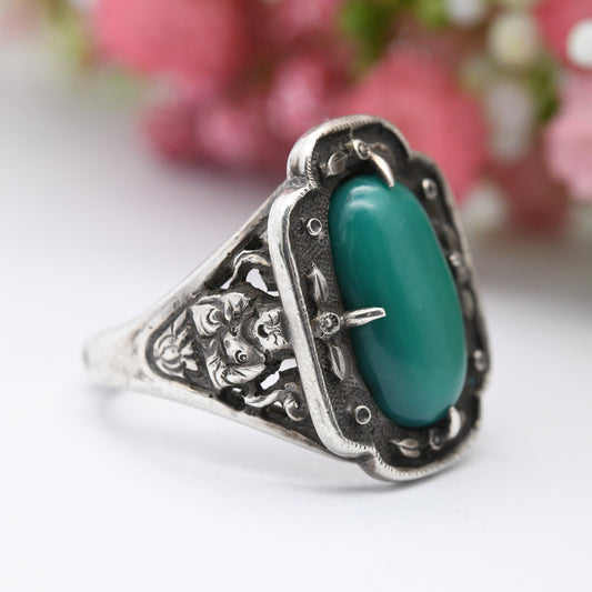 Vintage Chinese Export Silver Buddha Ring with Green Stone - Signed Shi N Lee Shin Lee | Adjustable UK Size - P US Size - 7 1/2