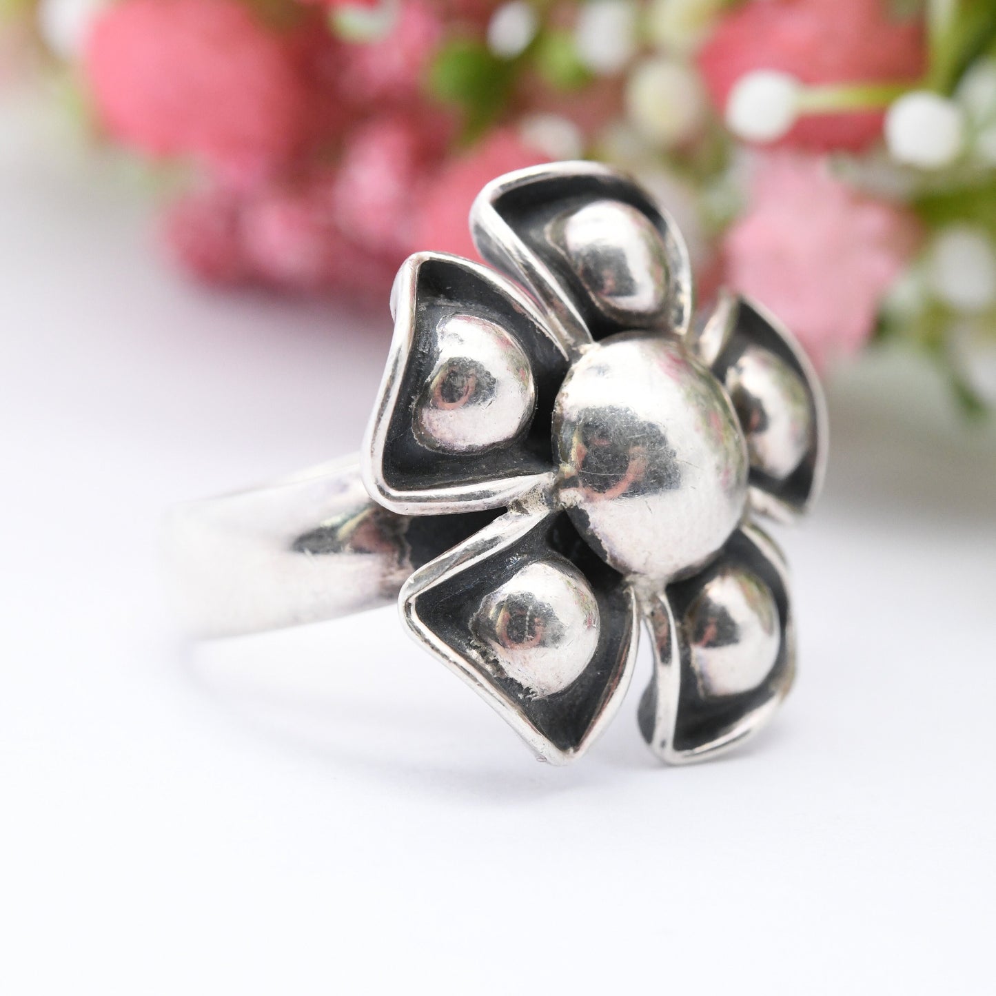 Vintage Silver Statement Flower Ring - Mid-Century Modernist Ring | Chunky Ball Design | UK Size - O 1/2 | US Size - 7 1/4