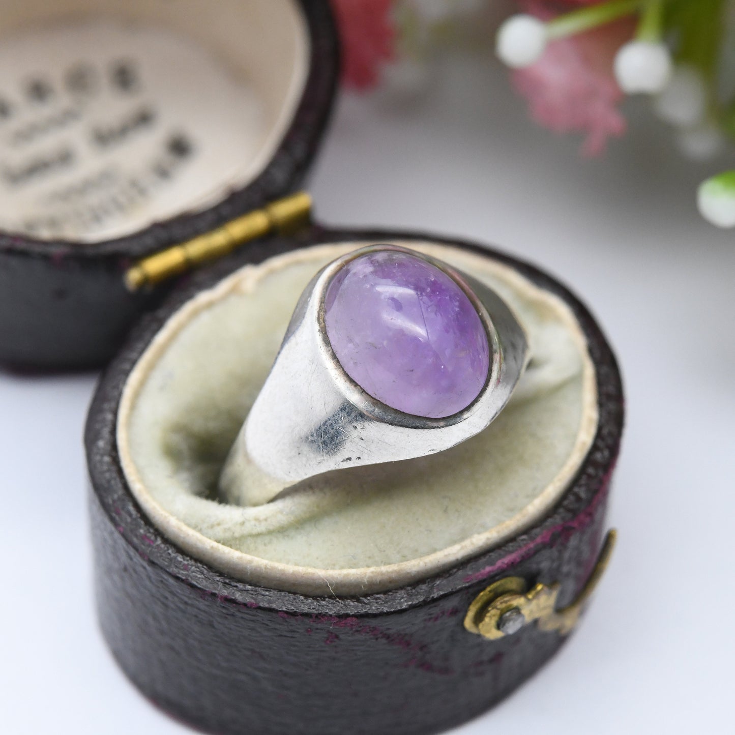 Vintage Sterling Silver Amethyst Signet Ring - Cabochon Large Purple Stone | UK Size - P | US Size - 7 1/2