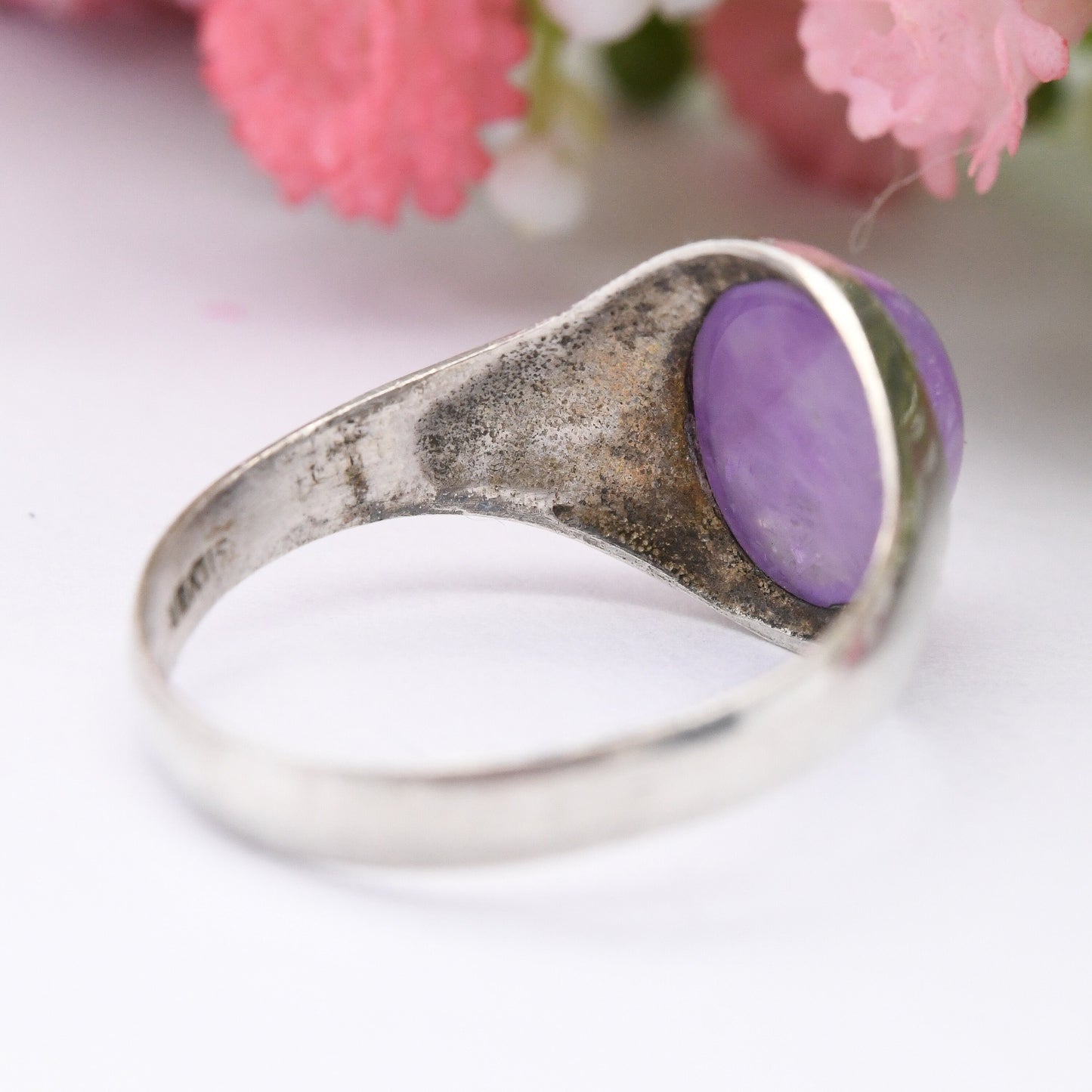 Vintage Sterling Silver Amethyst Signet Ring - Cabochon Large Purple Stone | UK Size - P | US Size - 7 1/2