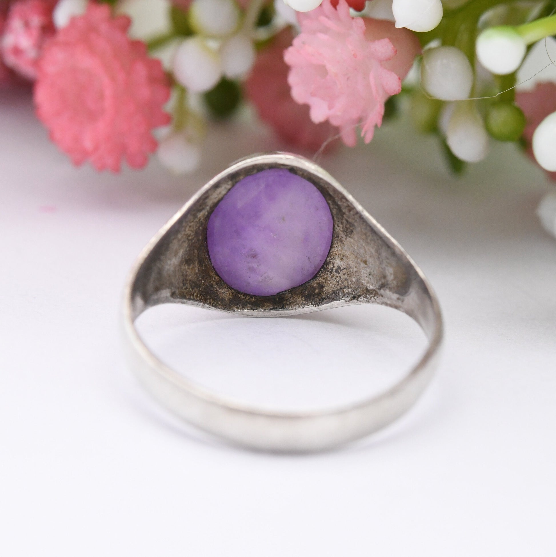 Vintage Sterling Silver Amethyst Signet Ring - Cabochon Large Purple Stone | UK Size - P | US Size - 7 1/2