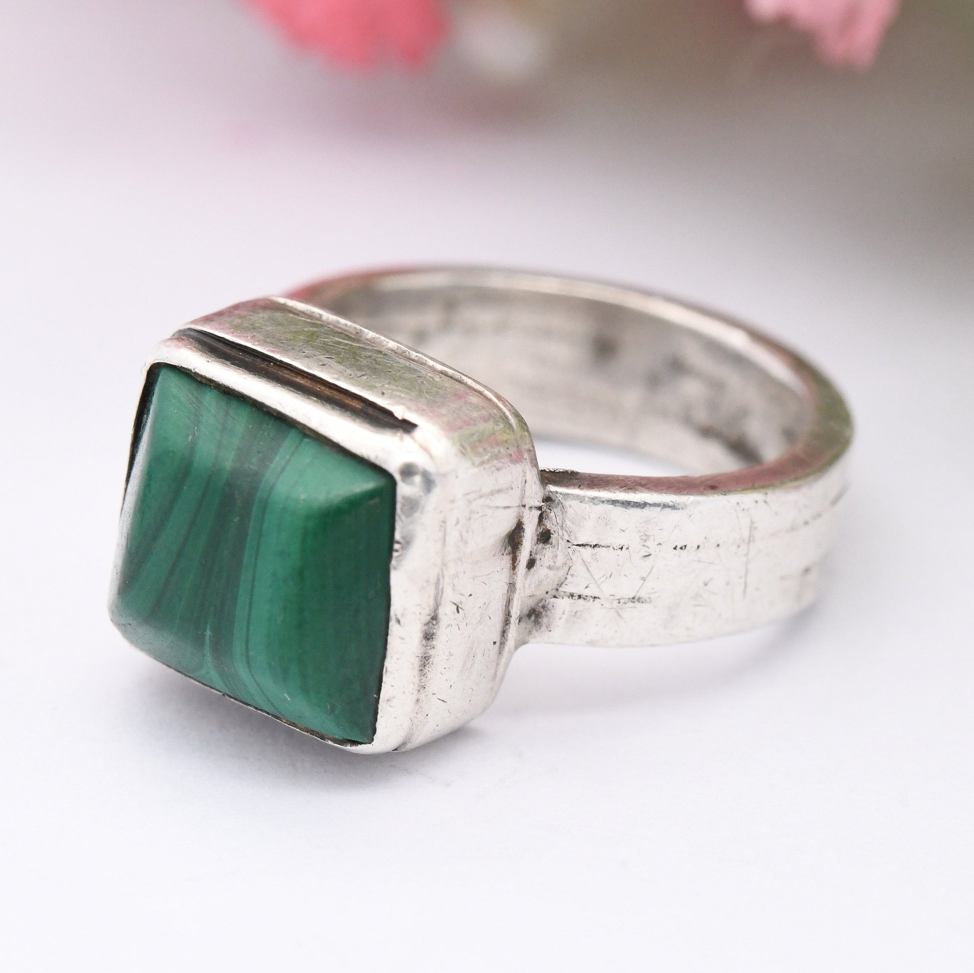 Vintage Malachite Silver Ring 1972 - Chunky Mid-Century Statement | Small Size | UK Size - H | US Size - 3 3/4