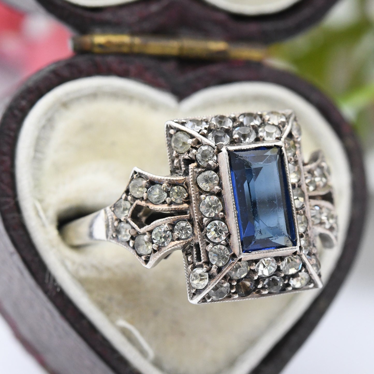 Antique Art Deco Silver Blue Paste Ring - Statement Cocktail Ring | UK Size - O 1/2 | US Size - 7 1/4