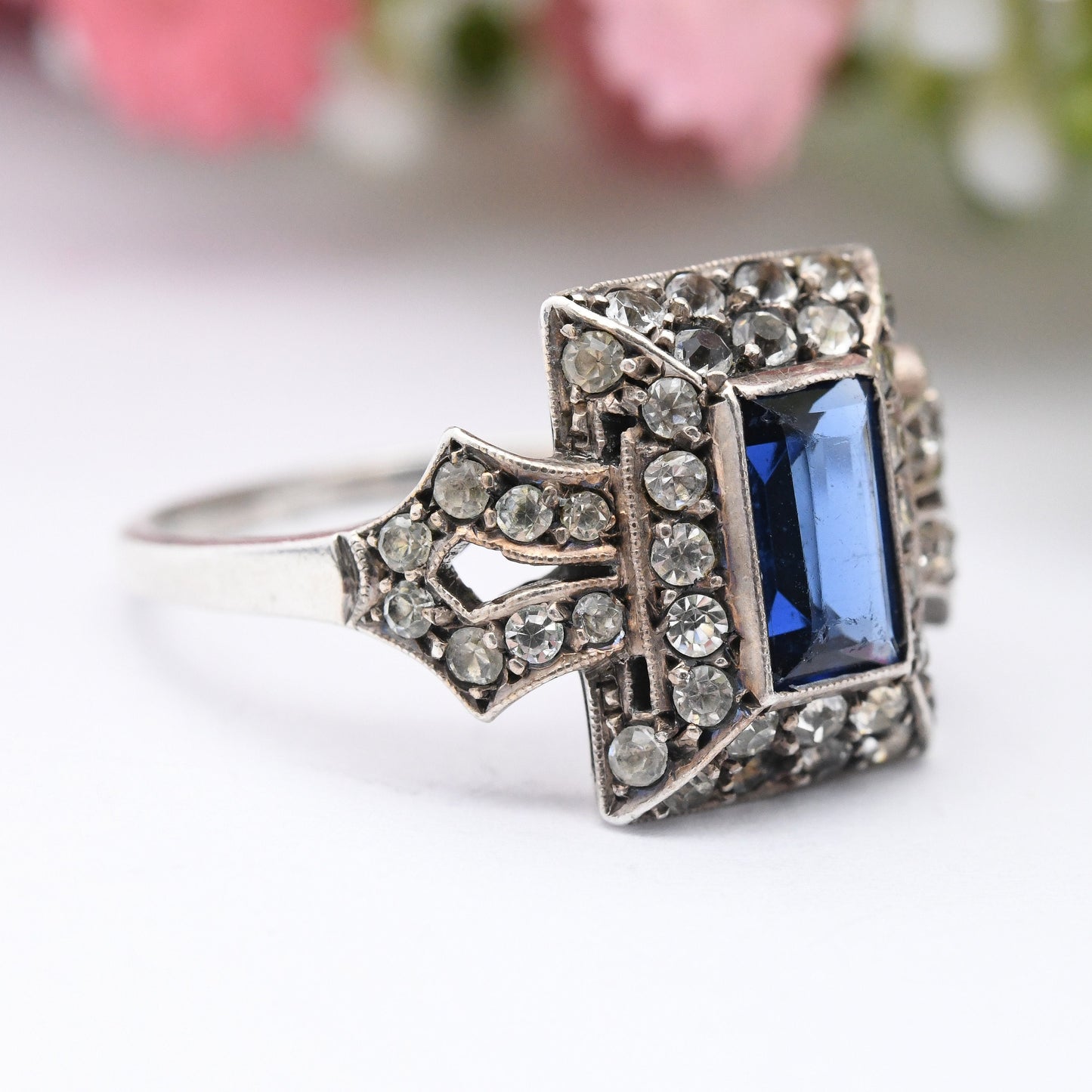 Antique Art Deco Silver Blue Paste Ring - Statement Cocktail Ring | UK Size - O 1/2 | US Size - 7 1/4