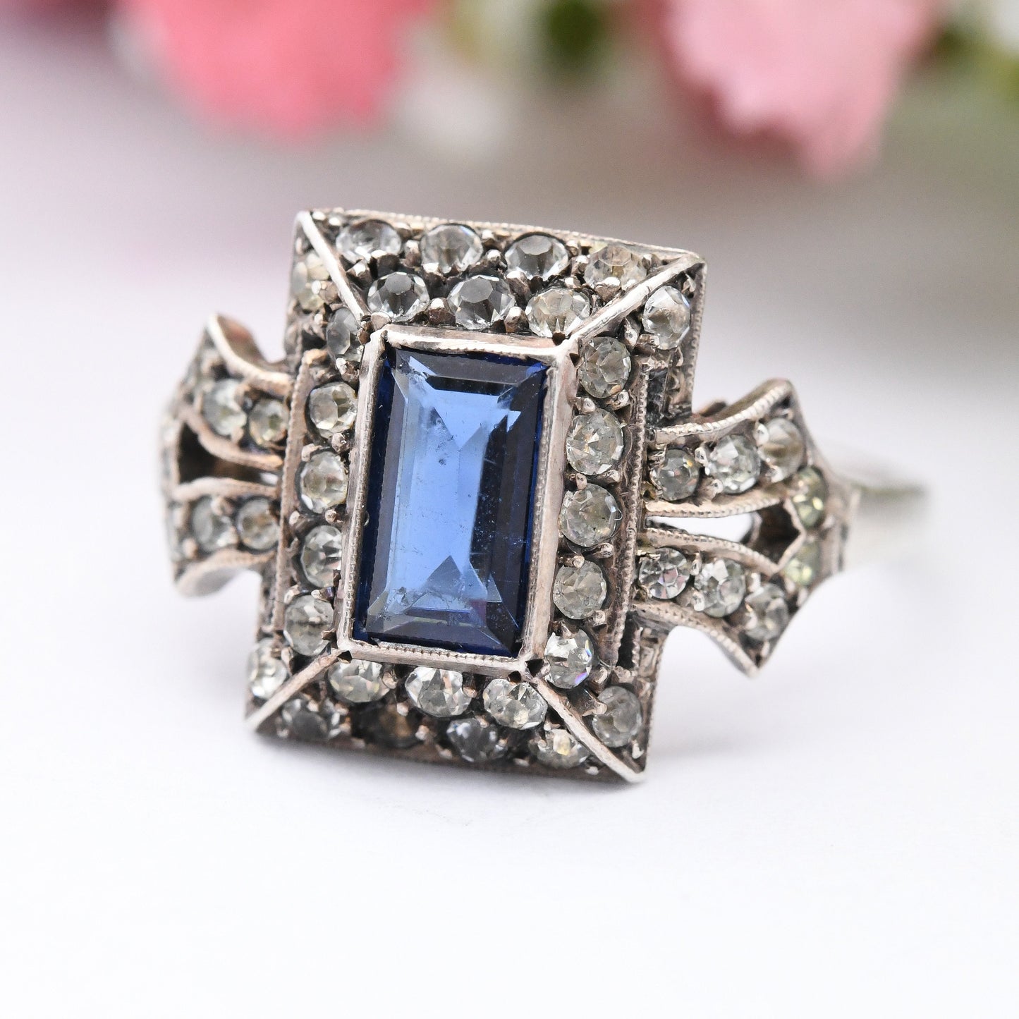 Antique Art Deco Silver Blue Paste Ring - Statement Cocktail Ring | UK Size - O 1/2 | US Size - 7 1/4