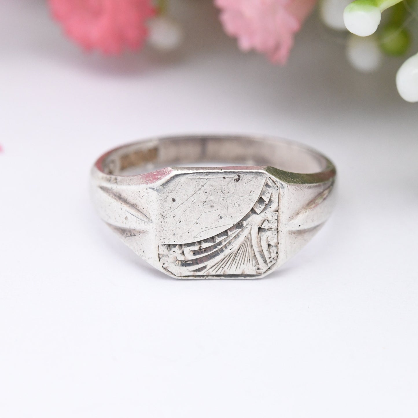 Vintage Sterling Silver Signet Ring 1976 - Mid-Century Unisex Pinkie with Engraving | UK Size - M | US Size - 6 1/4