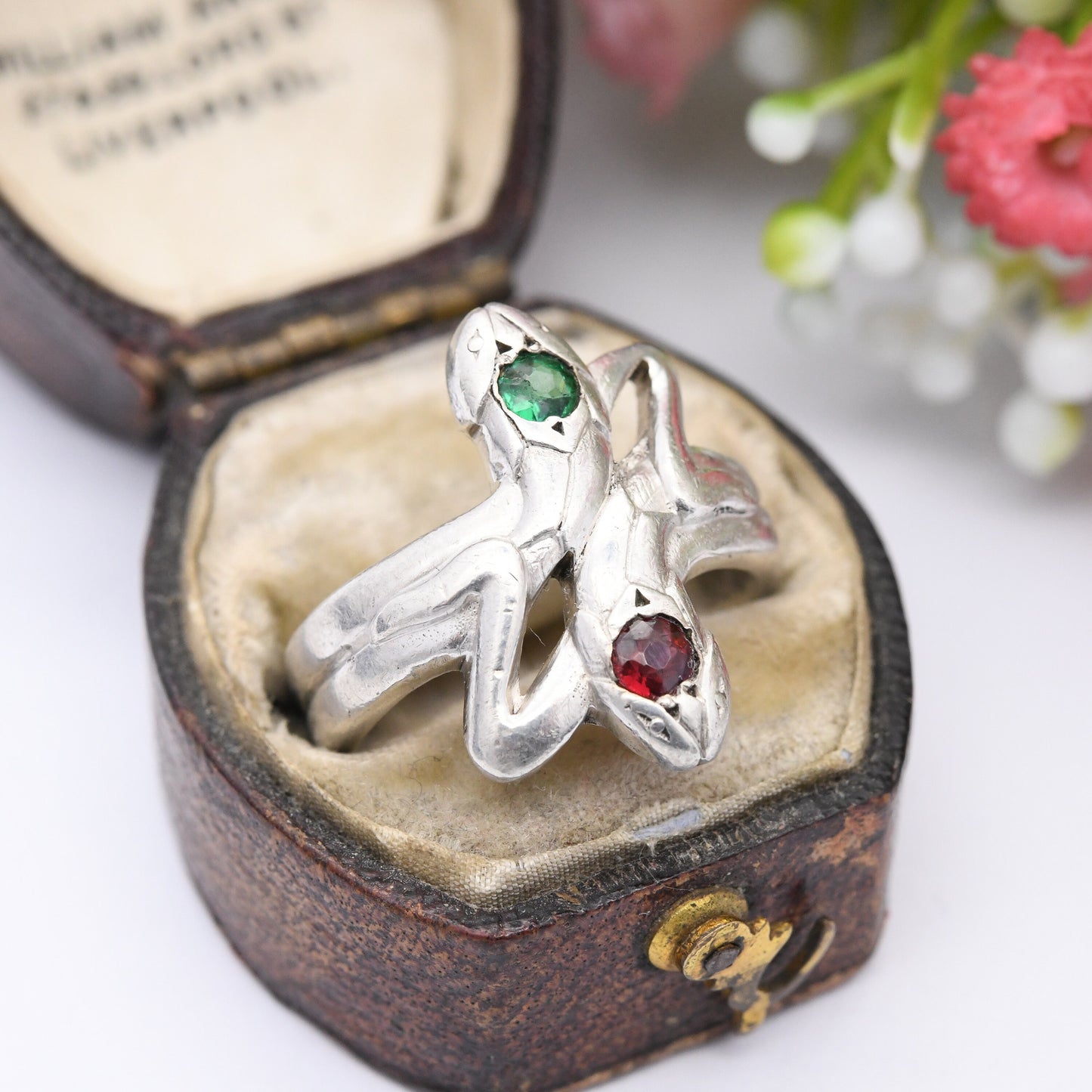 Vintage Sterling Silver Snake Ring with Double Heads Red and Green Stones - Coiled Snake Band | UK Size - N 1/2 | US Size - 7