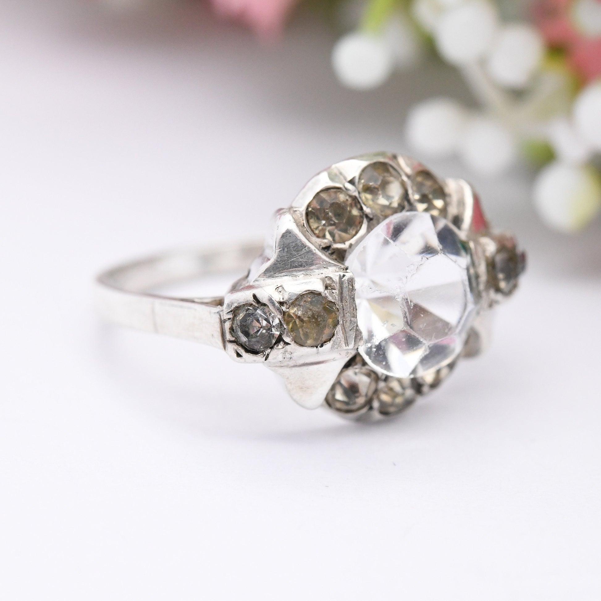 Antique French Silver Art Deco Tank Ring - Crystal Paste Stones | Cocktail Ring | UK Size - L | US Size - 5 3/4