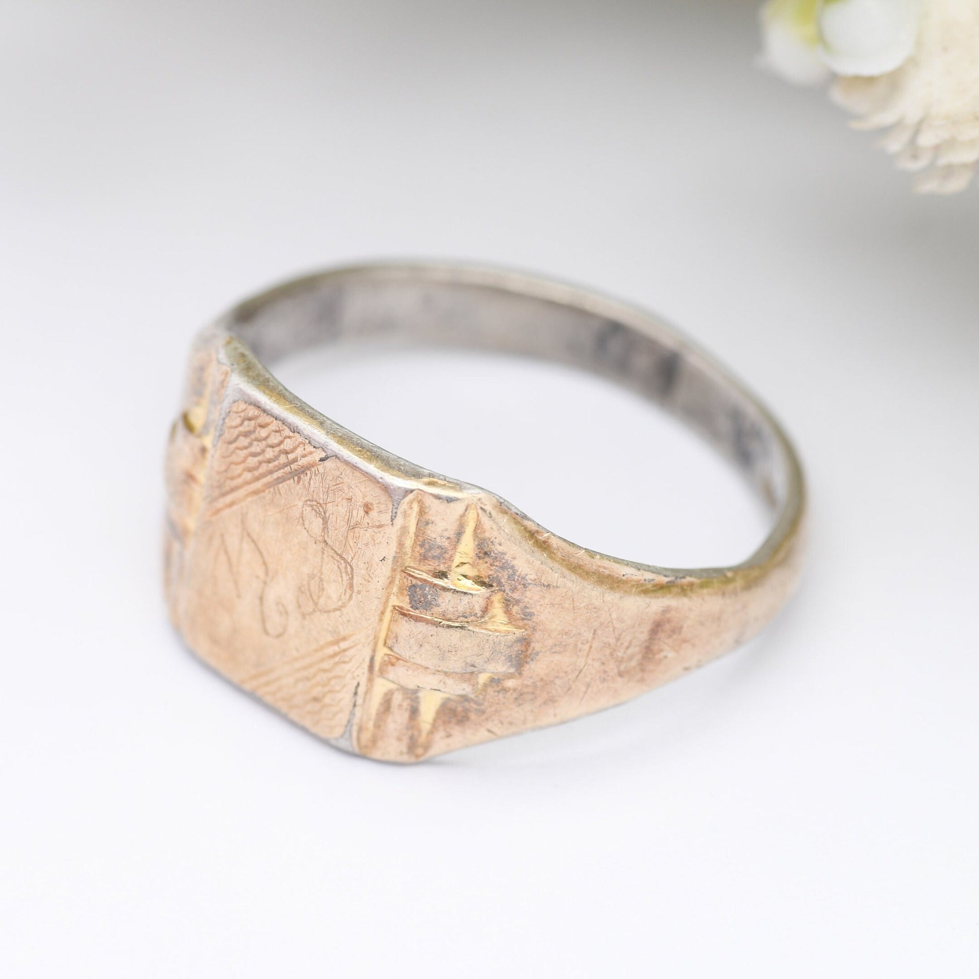 Vintage 9ct Gold Plated Sterling Silver Signet Ring - Lightly Engraved | Unusual Tank Style | Gift for Him | UK Size - V | US Size - 10 1/2