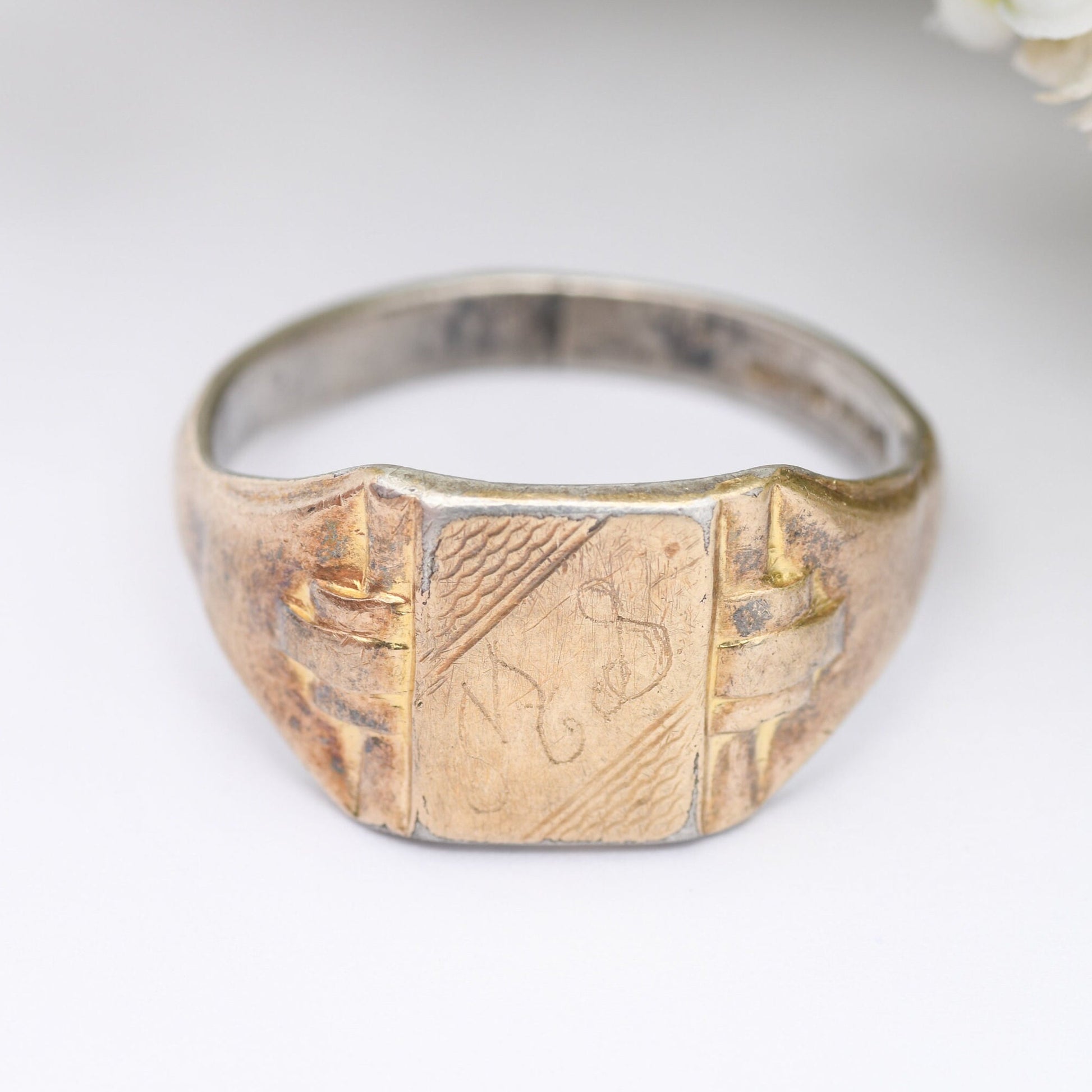 Vintage 9ct Gold Plated Sterling Silver Signet Ring - Lightly Engraved | Unusual Tank Style | Gift for Him | UK Size - V | US Size - 10 1/2