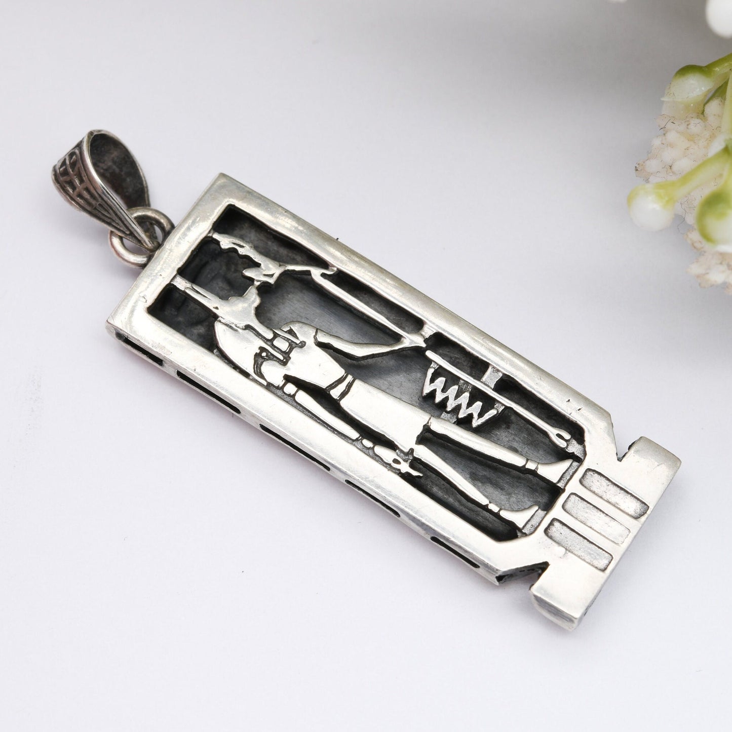 Vintage Egyptian Silver Cartouche Pendant with Rose Gold Hieroglyphs and Anubis - Ancient Hieroglyphic Symbols | Name Phil