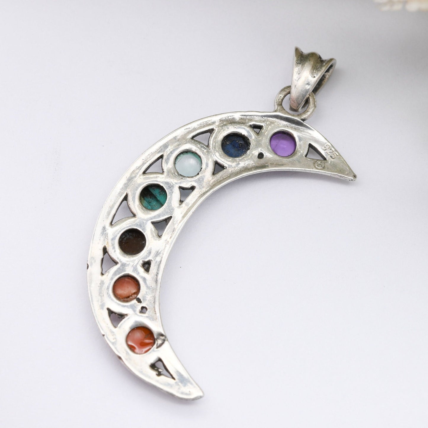 Sterling Silver 7 Chakras Crescent Moon Pendant with Gemstones - Amethyst Lapis Moonstone Turquoise Tigers Eye Coral Carnelian