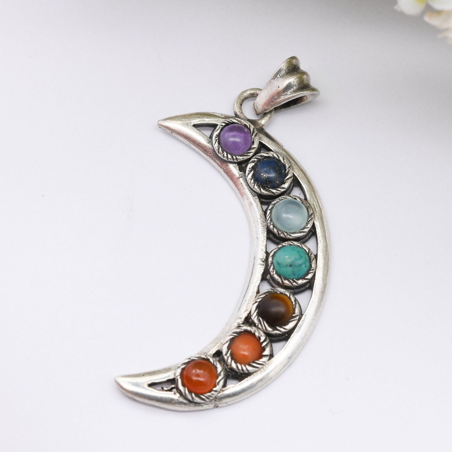 Sterling Silver 7 Chakras Crescent Moon Pendant with Gemstones - Amethyst Lapis Moonstone Turquoise Tigers Eye Coral Carnelian