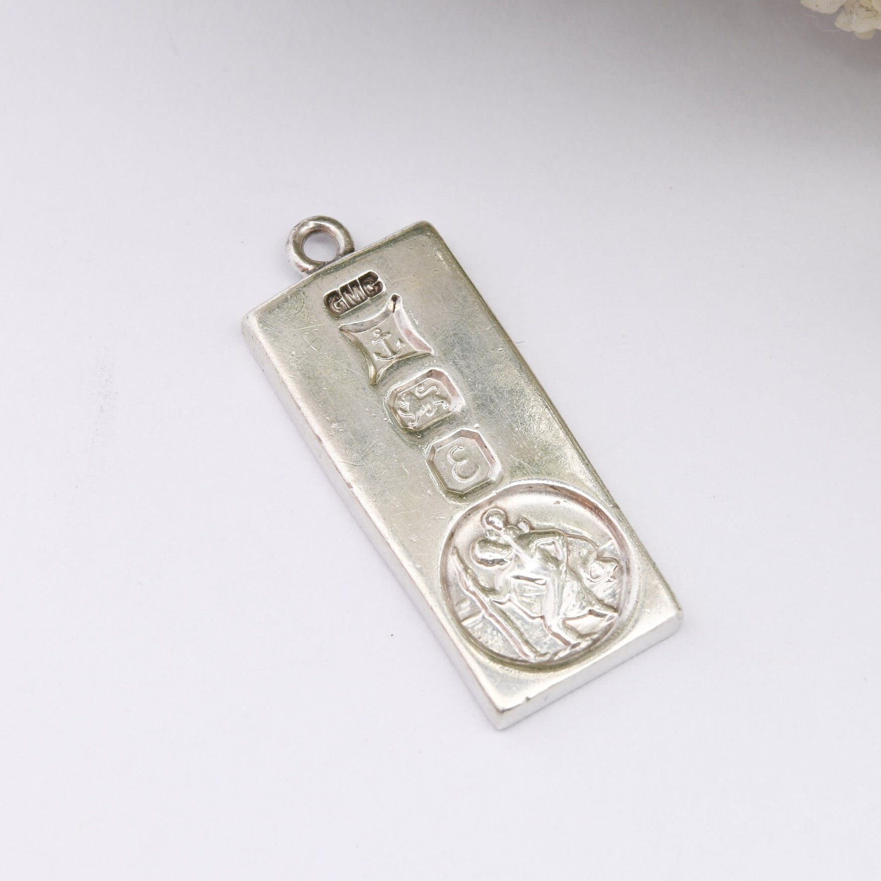 Vintage Sterling Silver Ingot Pendant 1979 with St Christopher Stamp - Unusual Hallmarked Pendant