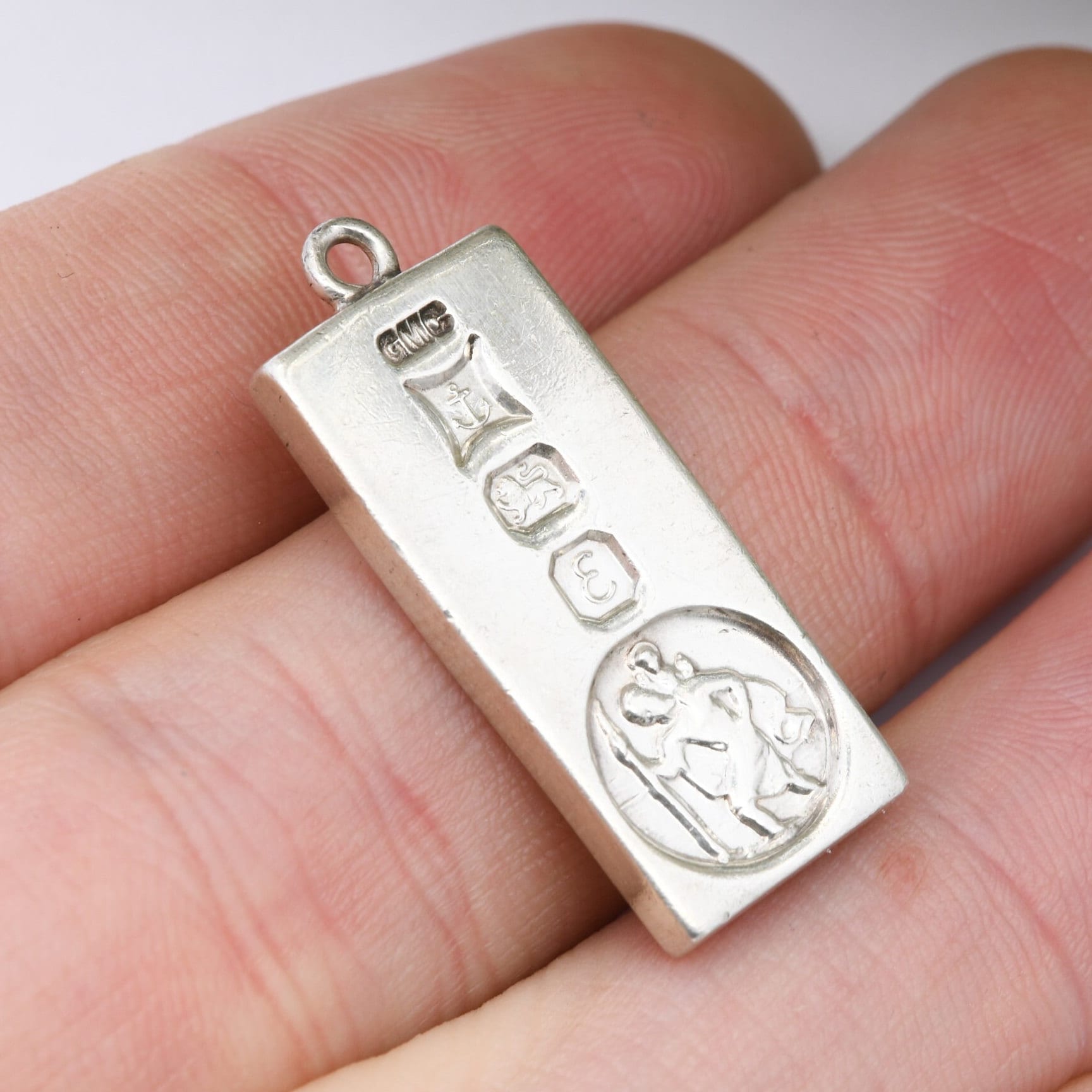 Vintage Sterling Silver Ingot Pendant 1979 with St Christopher Stamp - Unusual Hallmarked Pendant