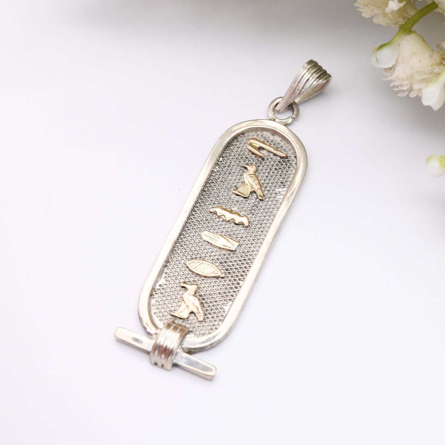 Vintage Silver Egyptian Cartouche Pendant with Rose Gold Hieroglyphs - Spelling Out Name Sandra