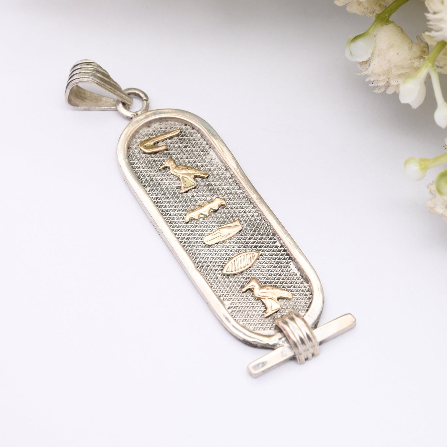 Vintage Silver Egyptian Cartouche Pendant with Rose Gold Hieroglyphs - Spelling Out Name Sandra