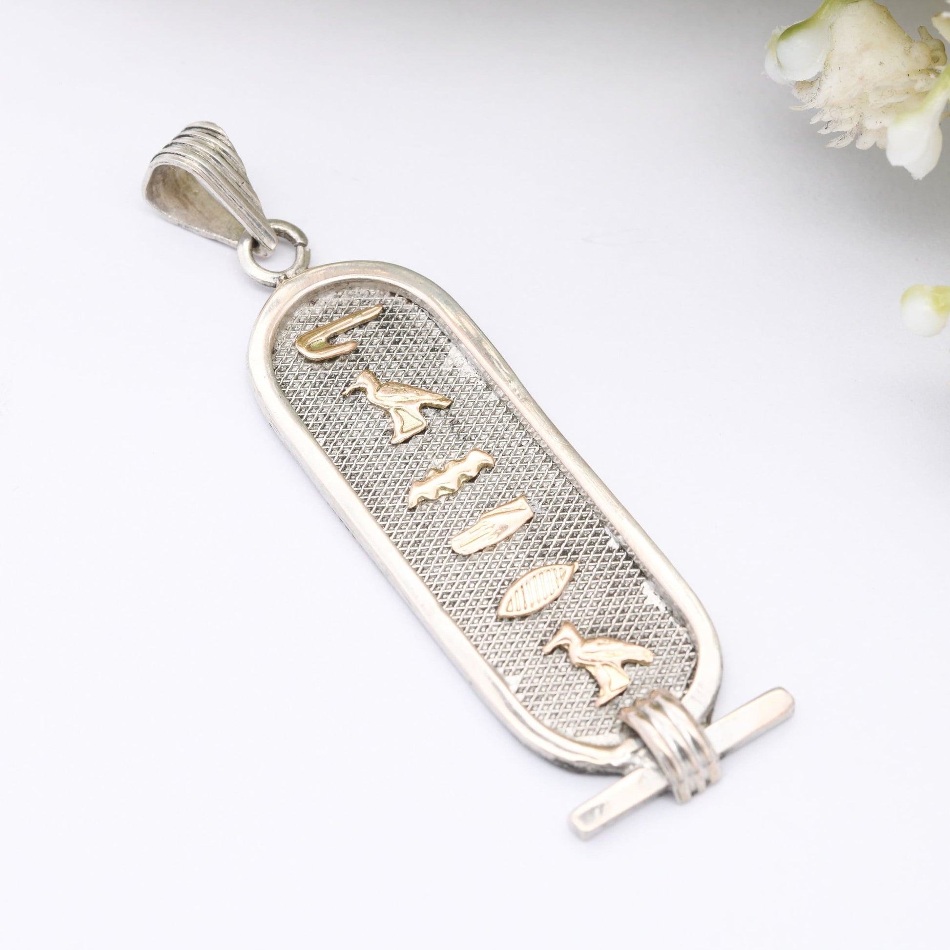 Vintage Silver Egyptian Cartouche Pendant with Rose Gold Hieroglyphs - Spelling Out Name Sandra