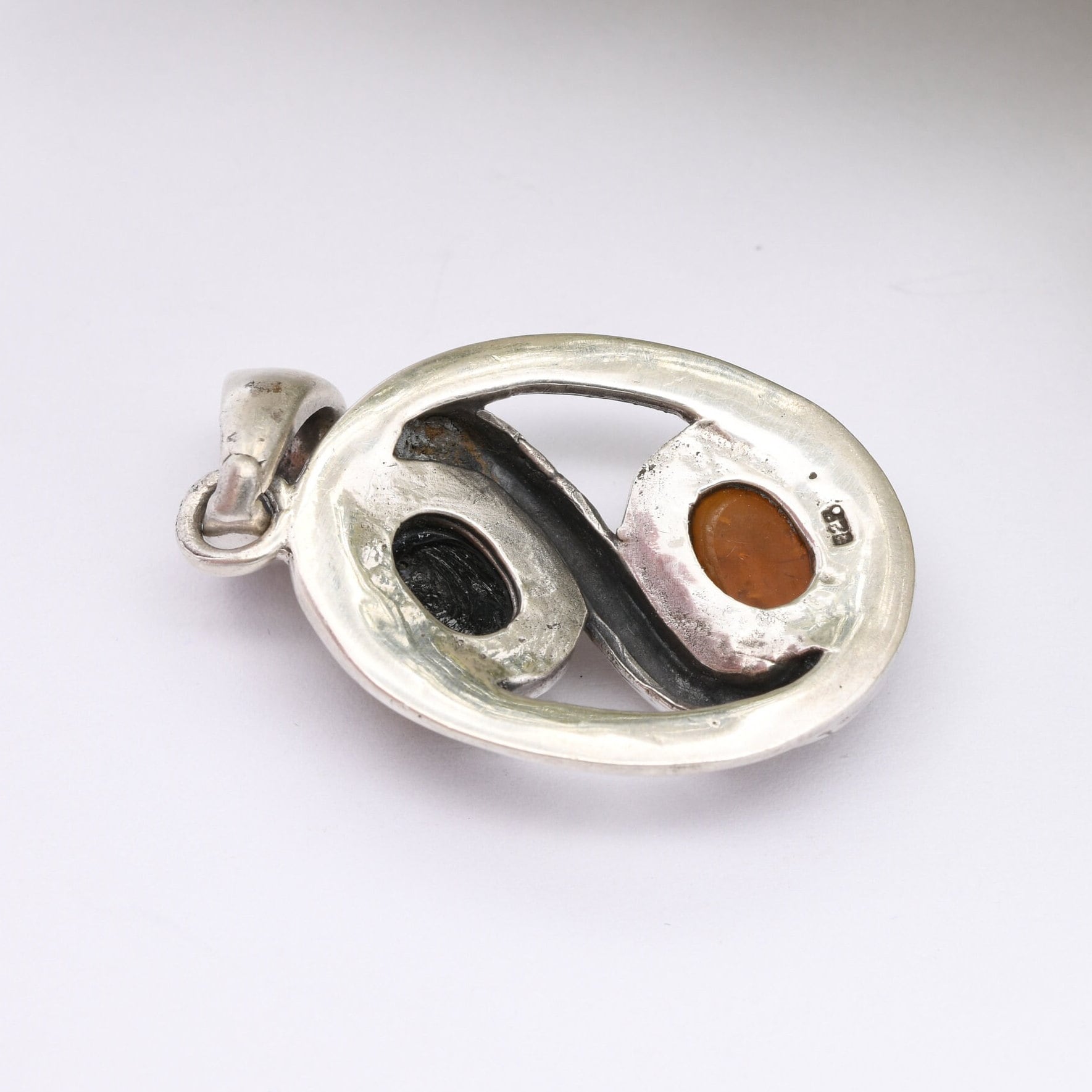 Vintage Sterling Silver Amber Pendant - Baltic Amber and Copal | Two Tone | Modernist Statement Jewellery