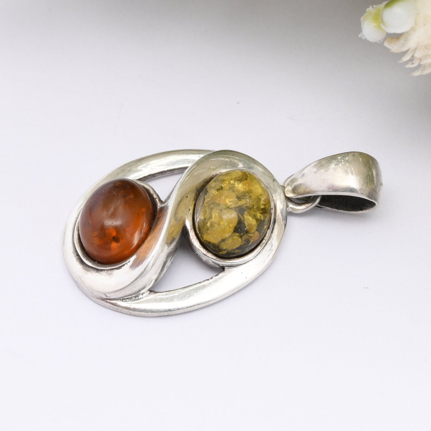 Vintage Sterling Silver Amber Pendant - Baltic Amber and Copal | Two Tone | Modernist Statement Jewellery