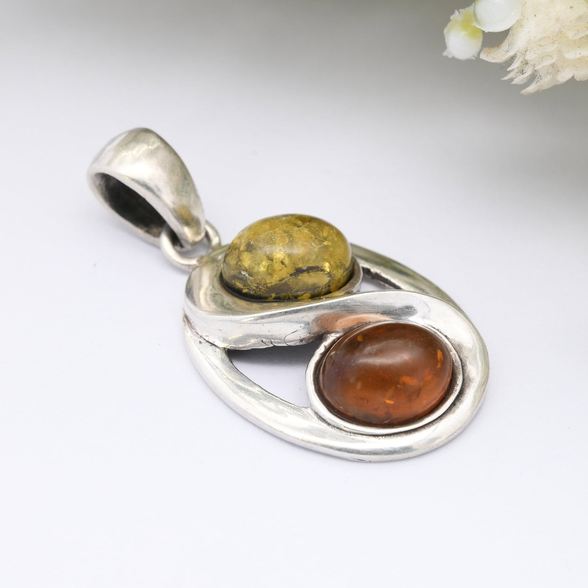 Vintage Sterling Silver Amber Pendant - Baltic Amber and Copal | Two Tone | Modernist Statement Jewellery