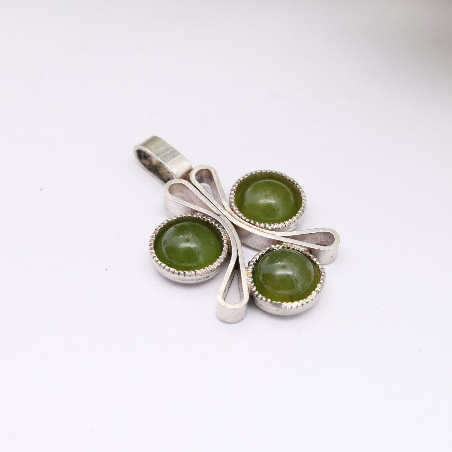 Vintage Silver Jade Pendant - Three Leaf Clover Shape | Green Stone Mid-Century