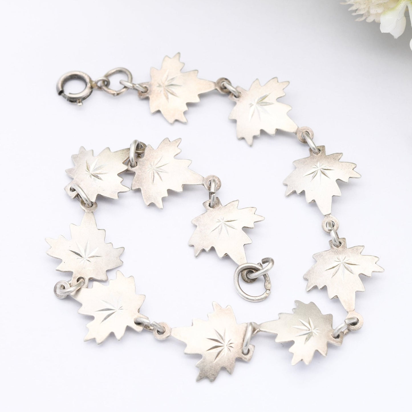 Vintage Sterling Silver Canadian Maple Leaf Panel Link Bracelet - Pretty Everyday Silver Jewellery