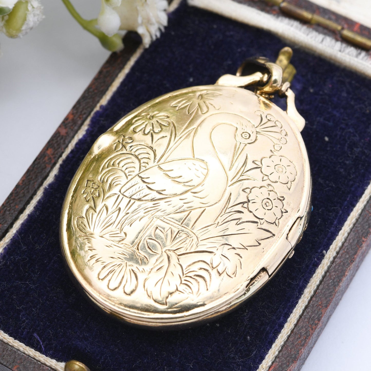 9ct Gold Locket Pendant with Peacock Engraving Turquoise and Pearl - Large Two Picture Locket | Antique Victorian Style | Blue and White