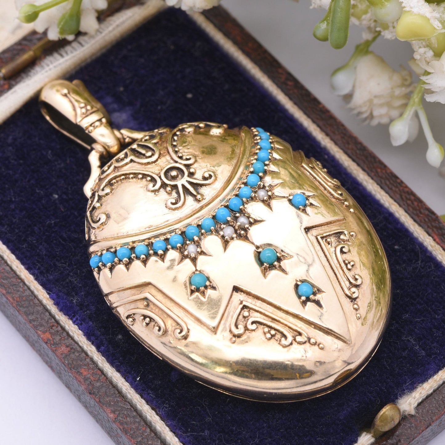 9ct Gold Locket Pendant with Peacock Engraving Turquoise and Pearl - Large Two Picture Locket | Antique Victorian Style | Blue and White