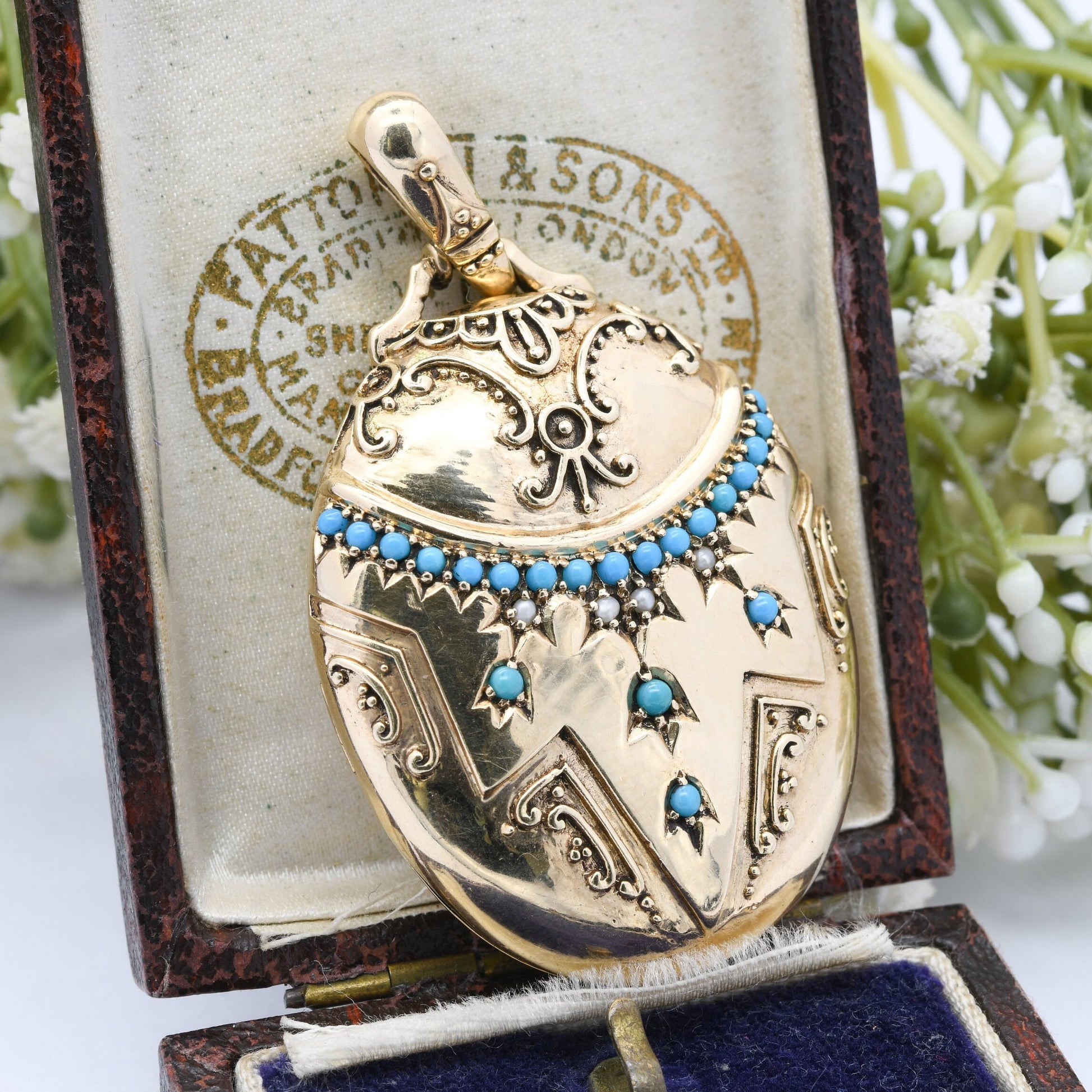 9ct Gold Locket Pendant with Peacock Engraving Turquoise and Pearl - Large Two Picture Locket | Antique Victorian Style | Blue and White