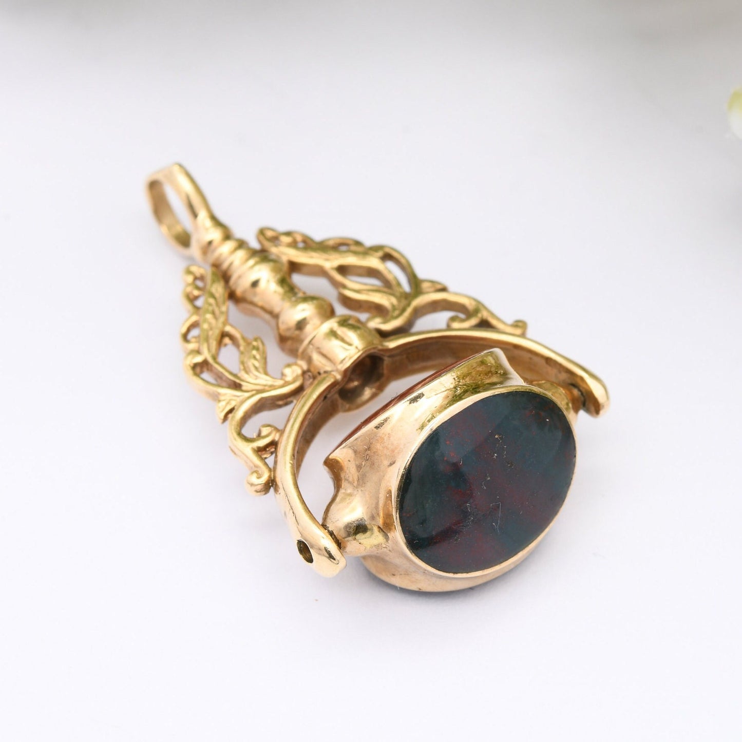 Vintage 9ct Gold Spinner Fob 1991 - Gemstone Watch Fob Pendant | Antique Style | Bloodstone Heliotrope Jasper