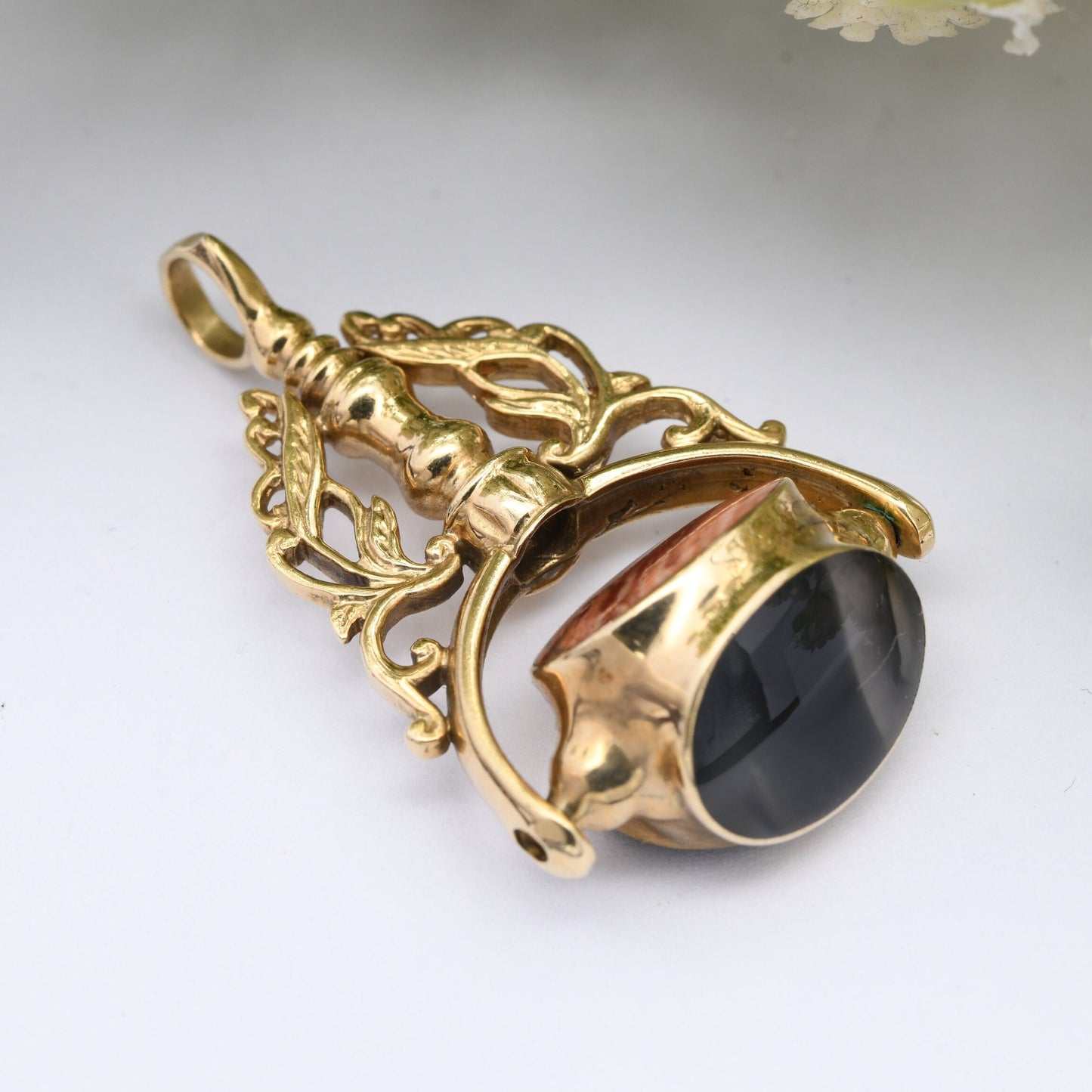 Vintage 9ct Gold Spinner Fob 1991 - Gemstone Watch Fob Pendant | Antique Style | Bloodstone Heliotrope Jasper