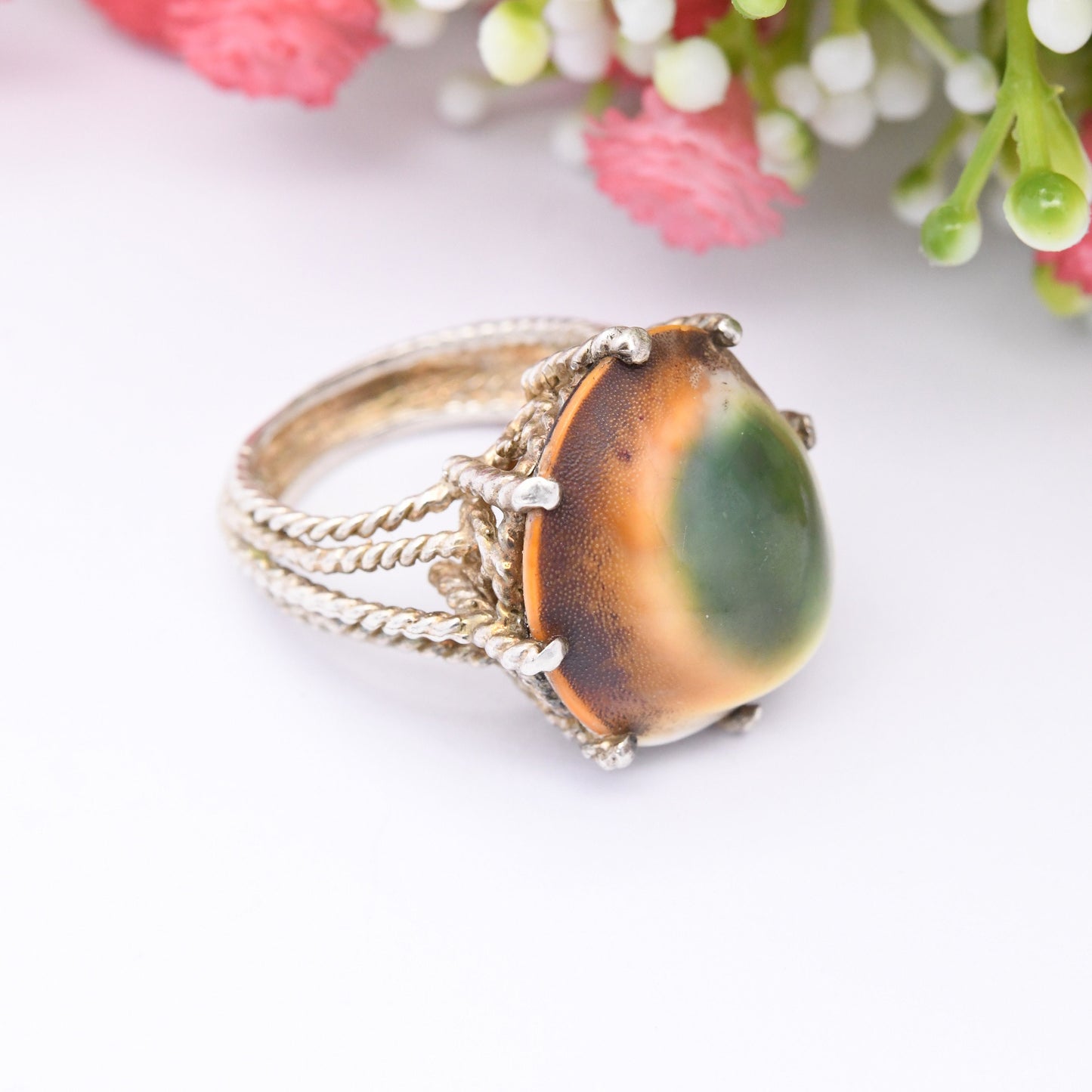 Vintage Sterling Silver Operculum Ring 1976 by Paul Edward Bunn - Statement Jewellery | Unusual Gemstone | UK Size - N | US Size - 6 3/4