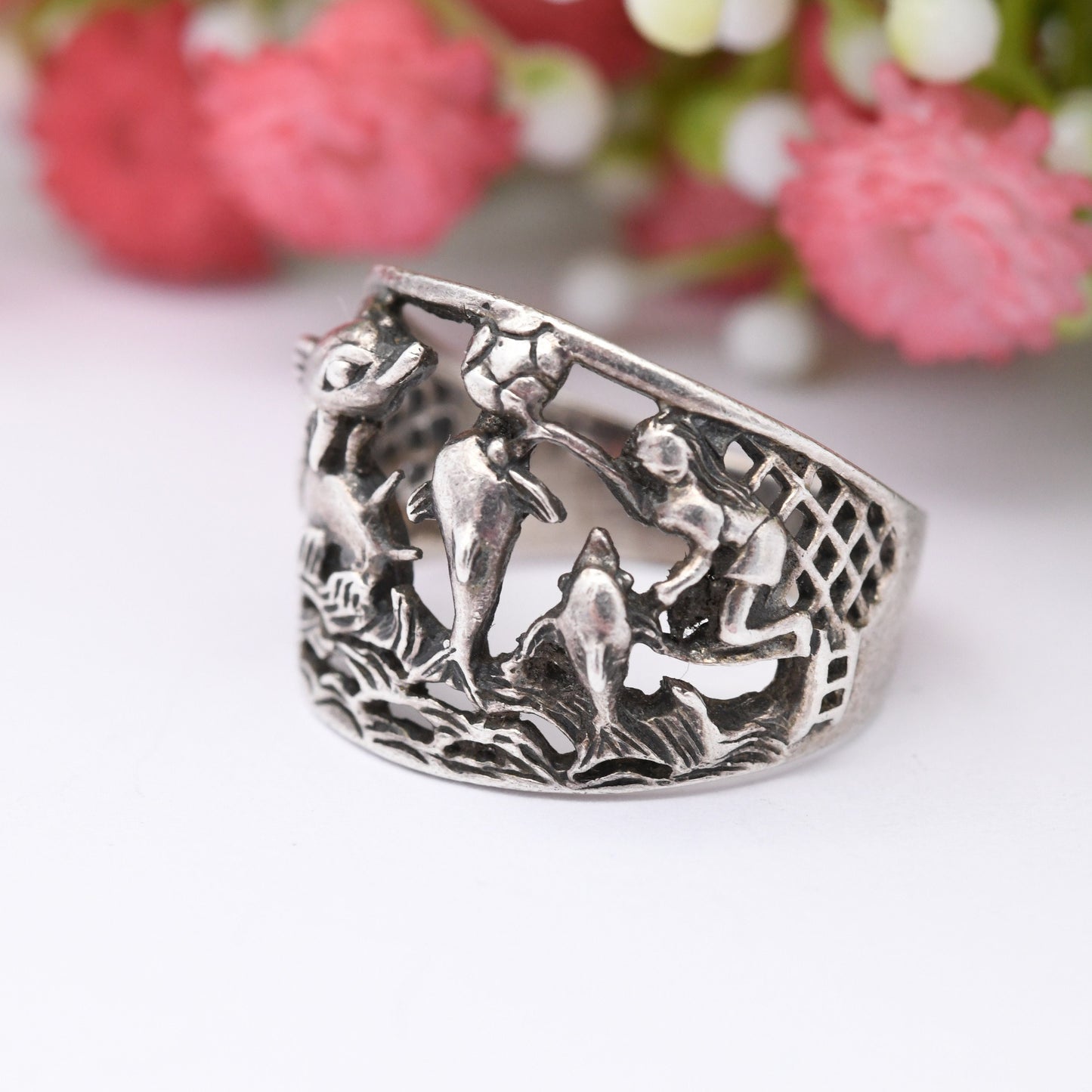 Vintage Sterling Silver Dolphins Ring Playing with Surfer - Novelty Sea Animal | Nature Lover | Openwork | UK Size - M | US Size - 6 1/4