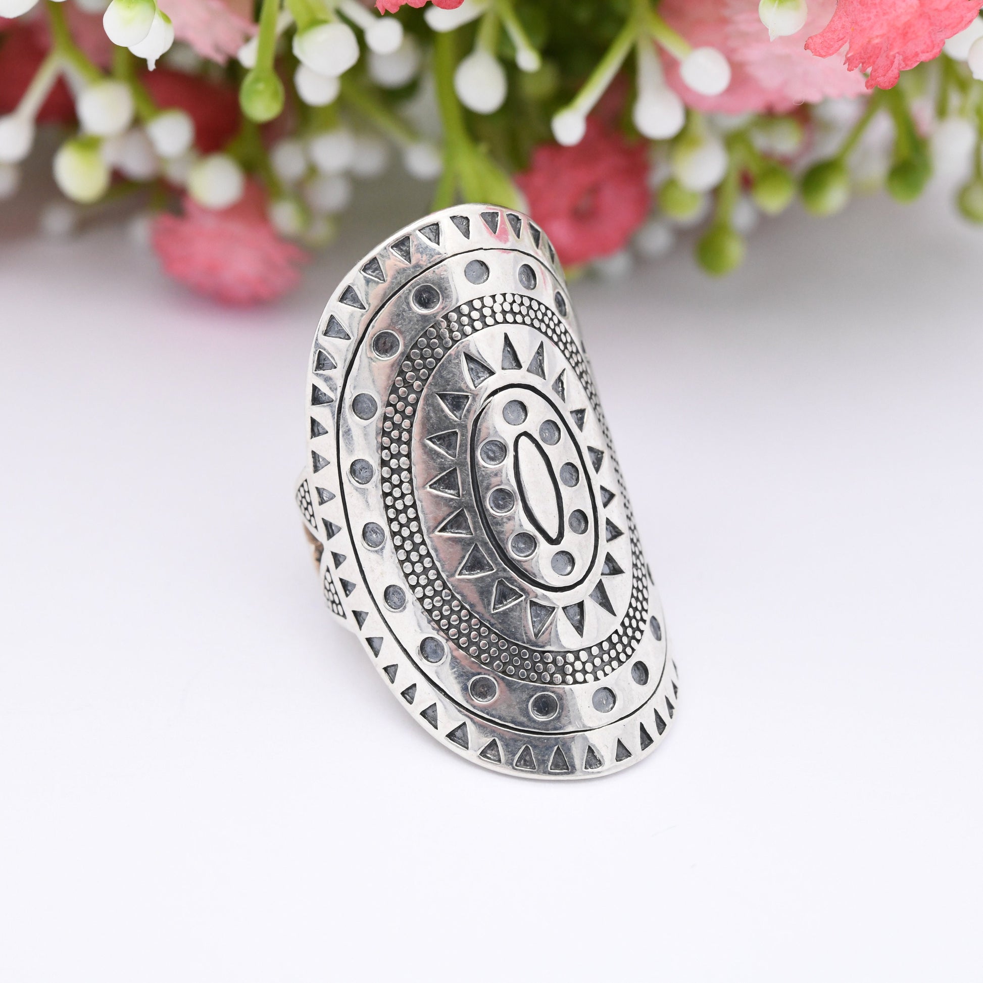 Vintage Sterling Silver Armour Ring with Southwestern Design - Statement Finger Ring | American Style | UK Size - N | US Size - 6 1/2