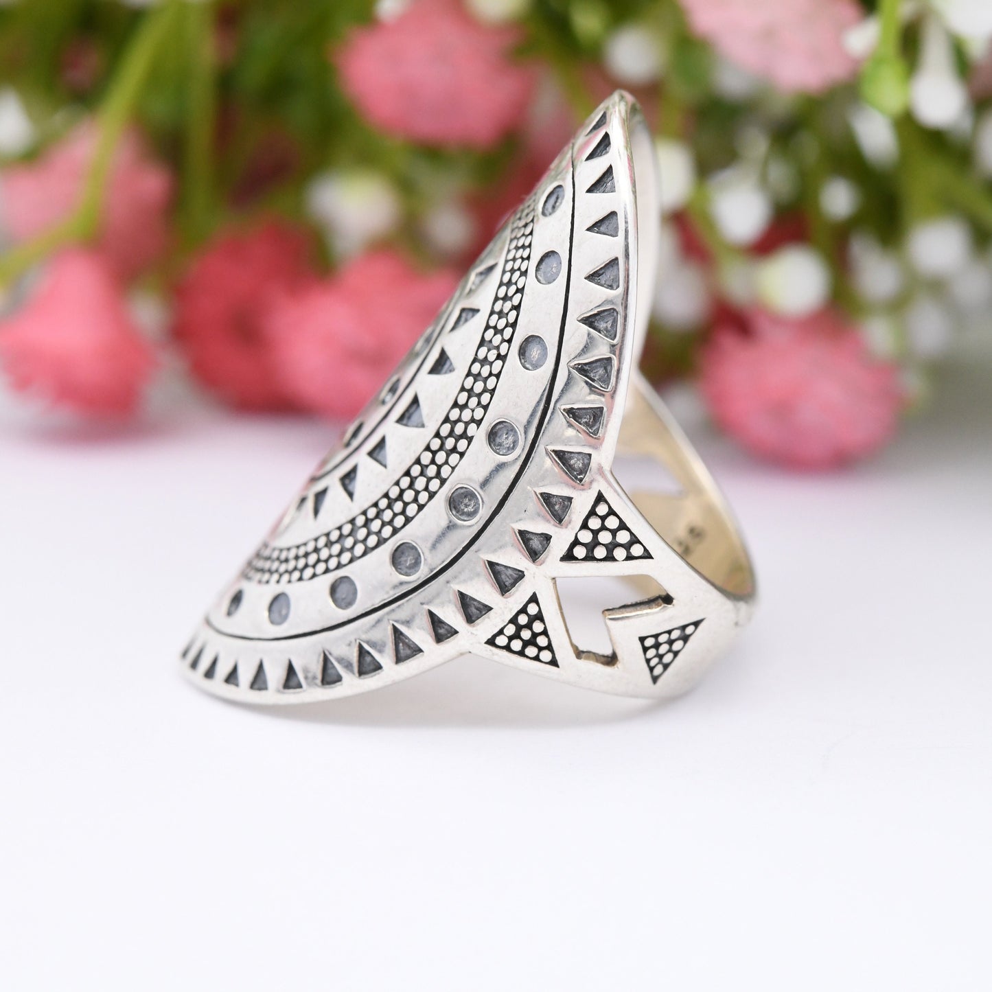 Vintage Sterling Silver Armour Ring with Southwestern Design - Statement Finger Ring | American Style | UK Size - N | US Size - 6 1/2