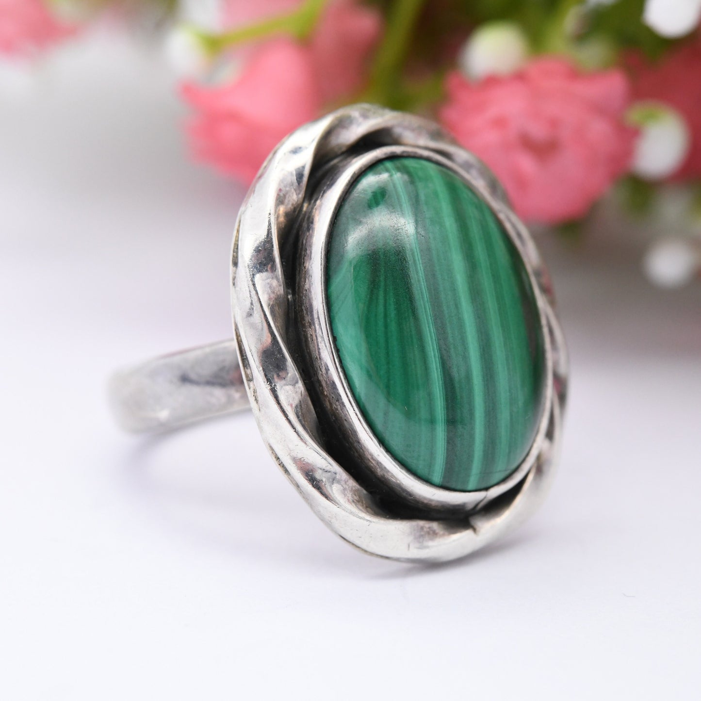 Vintage Mexico Sterling Silver Malachite Ring CII - Chunky Mid-Century Statement | Rope Twist Bezel | UK Size - P | US Size - 7 1/2