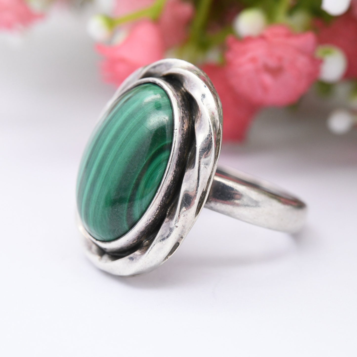 Vintage Mexico Sterling Silver Malachite Ring CII - Chunky Mid-Century Statement | Rope Twist Bezel | UK Size - P | US Size - 7 1/2